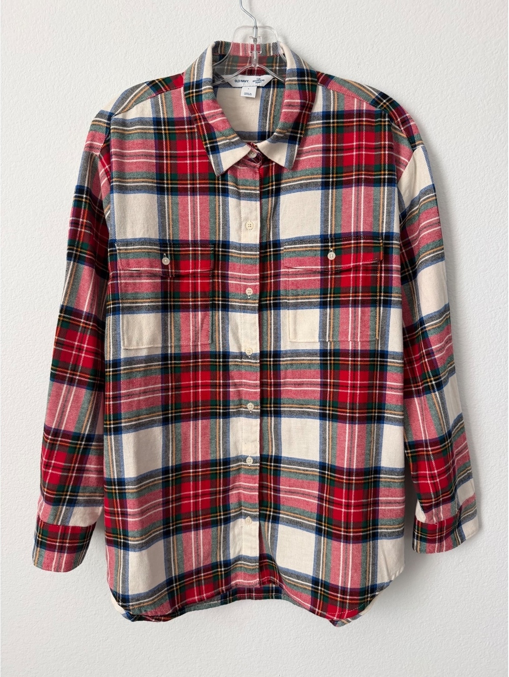 Old Navy Long Sleeve Button Up Collared Flannel Plaid The Boyfriend Shirt Size L